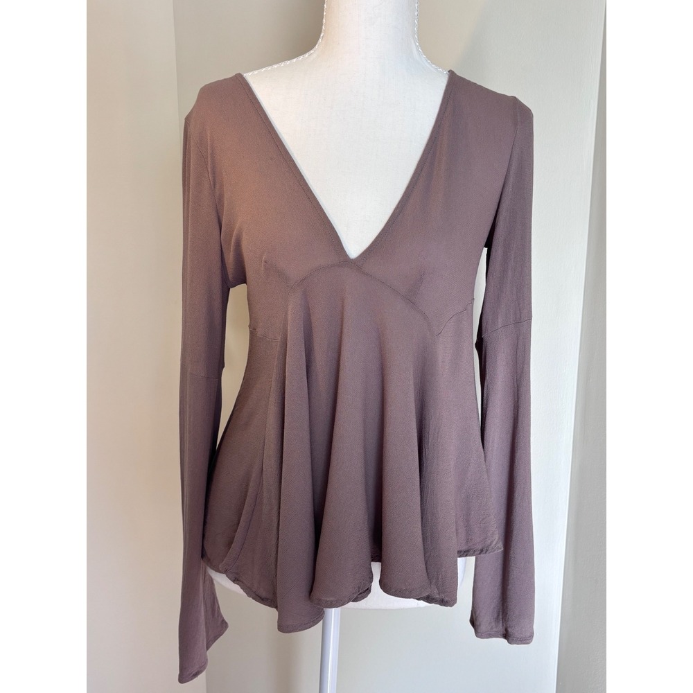 Kimchi Blue Mauve Brown Bell Sleeve V-Neck Peplum Top XS Keyhole Back Rayon